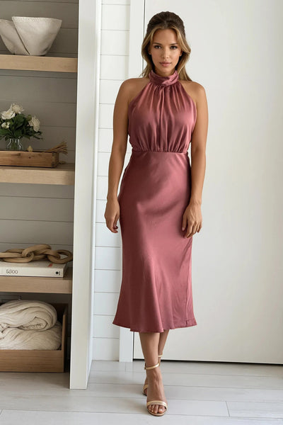 mauve mock neck satin midi dress