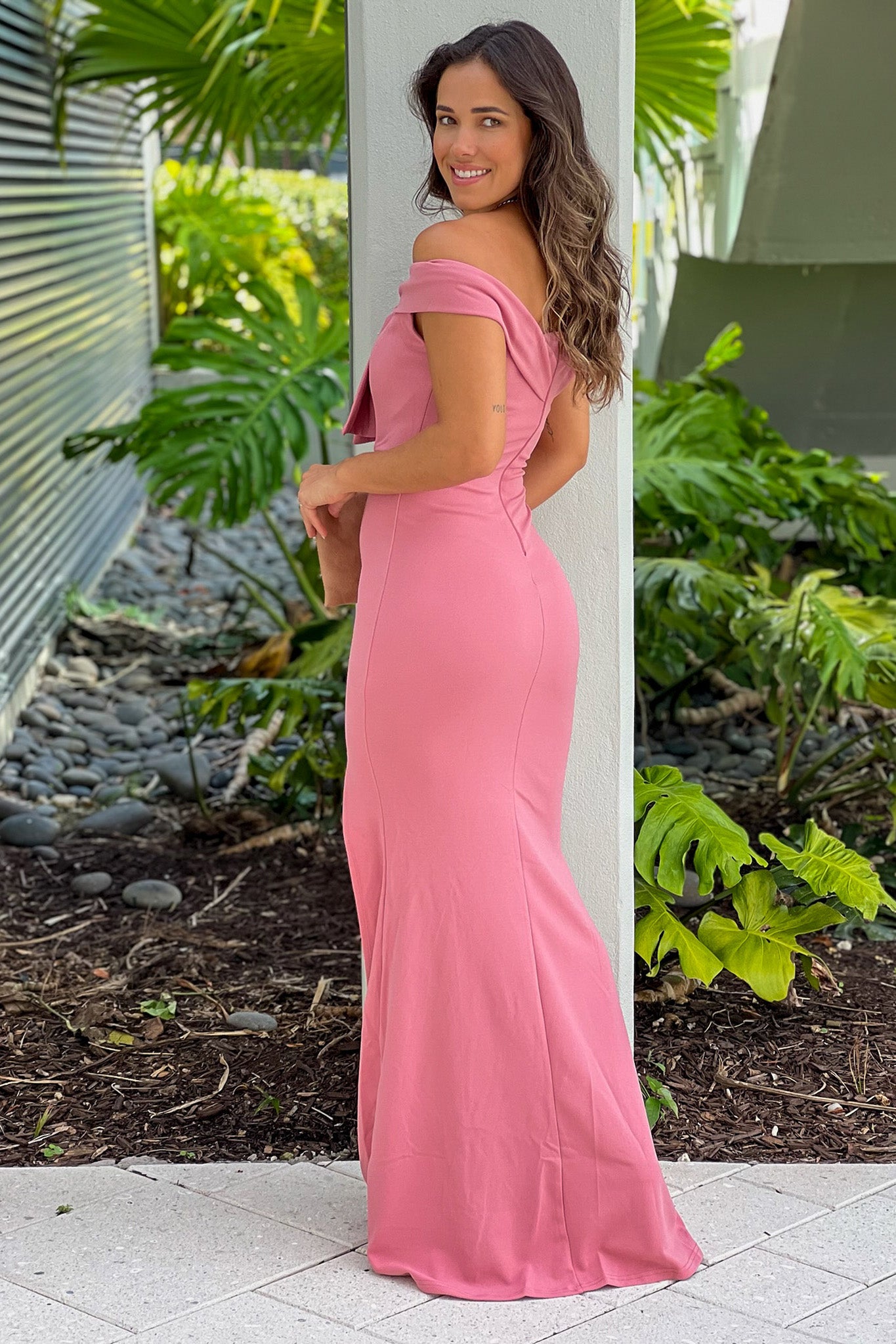 mauve off shoulder maxi dress