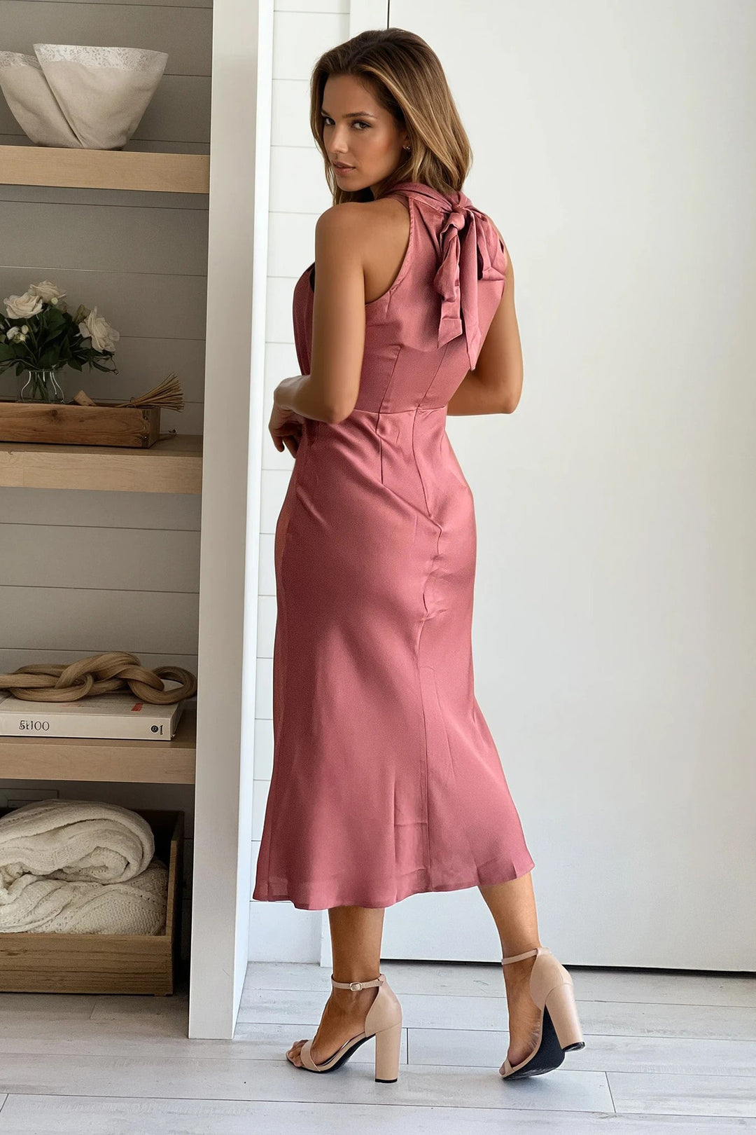 minimalist plain mock neck dress Mauve Mock Neck Satin Midi Dress