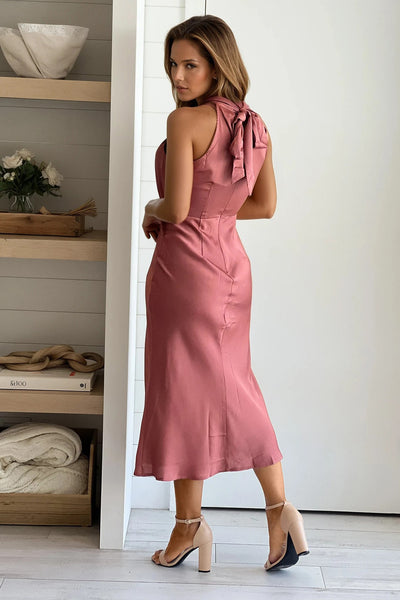 mauve satin midi dress