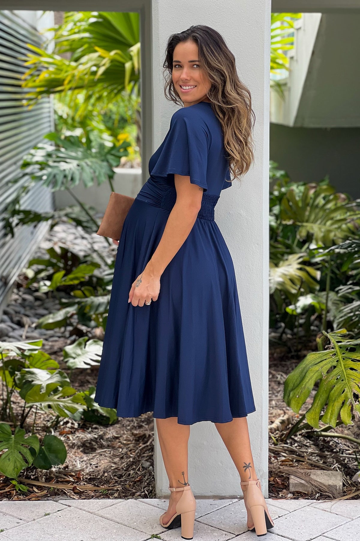 Midnight Blue Maternity Midi Dress With Short Sleeves