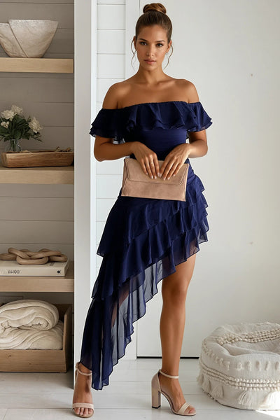 midnight off shoulder ruffled asymmetrical dress