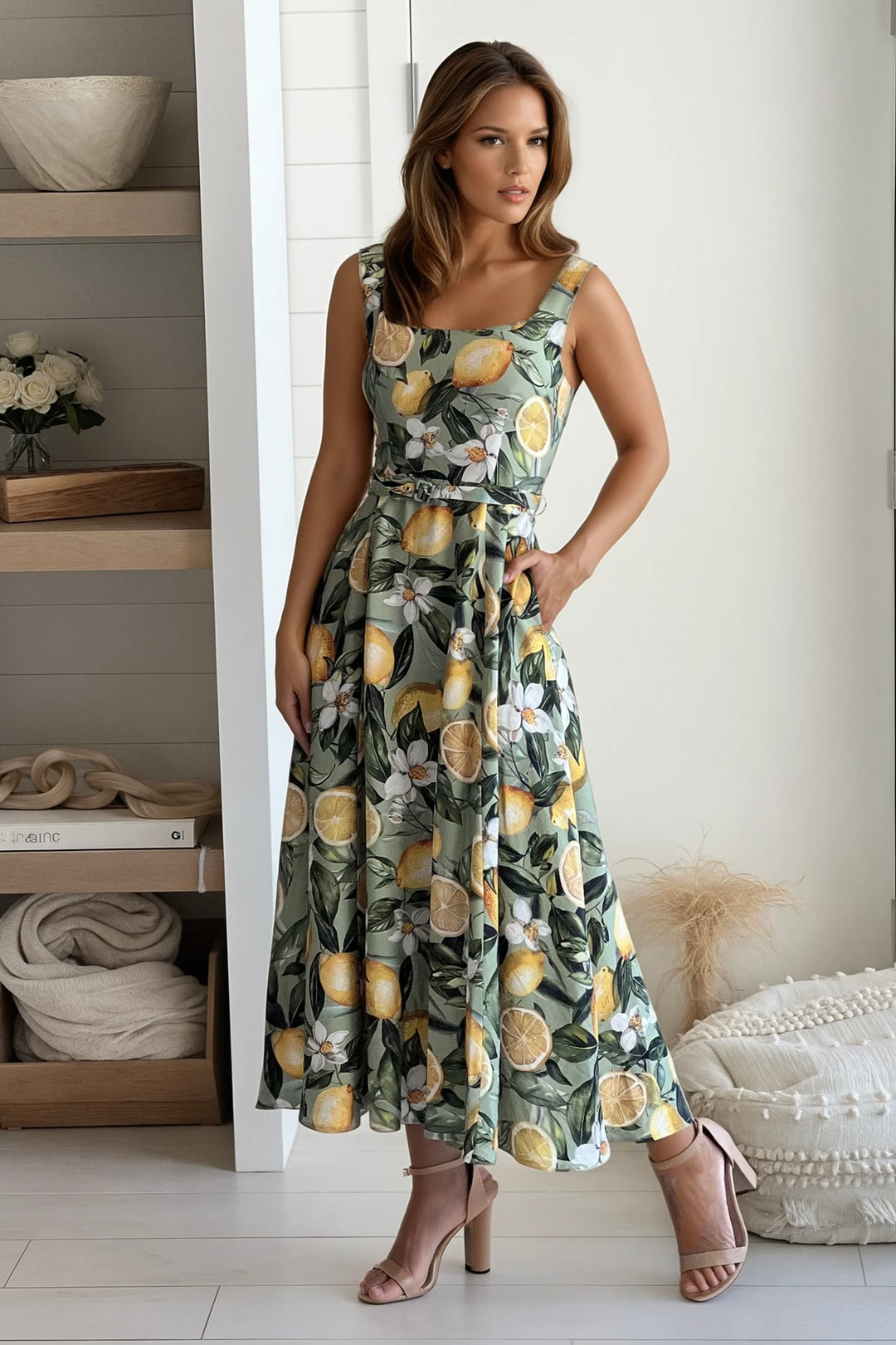 Mint Lemon Midi Dress With Pockets