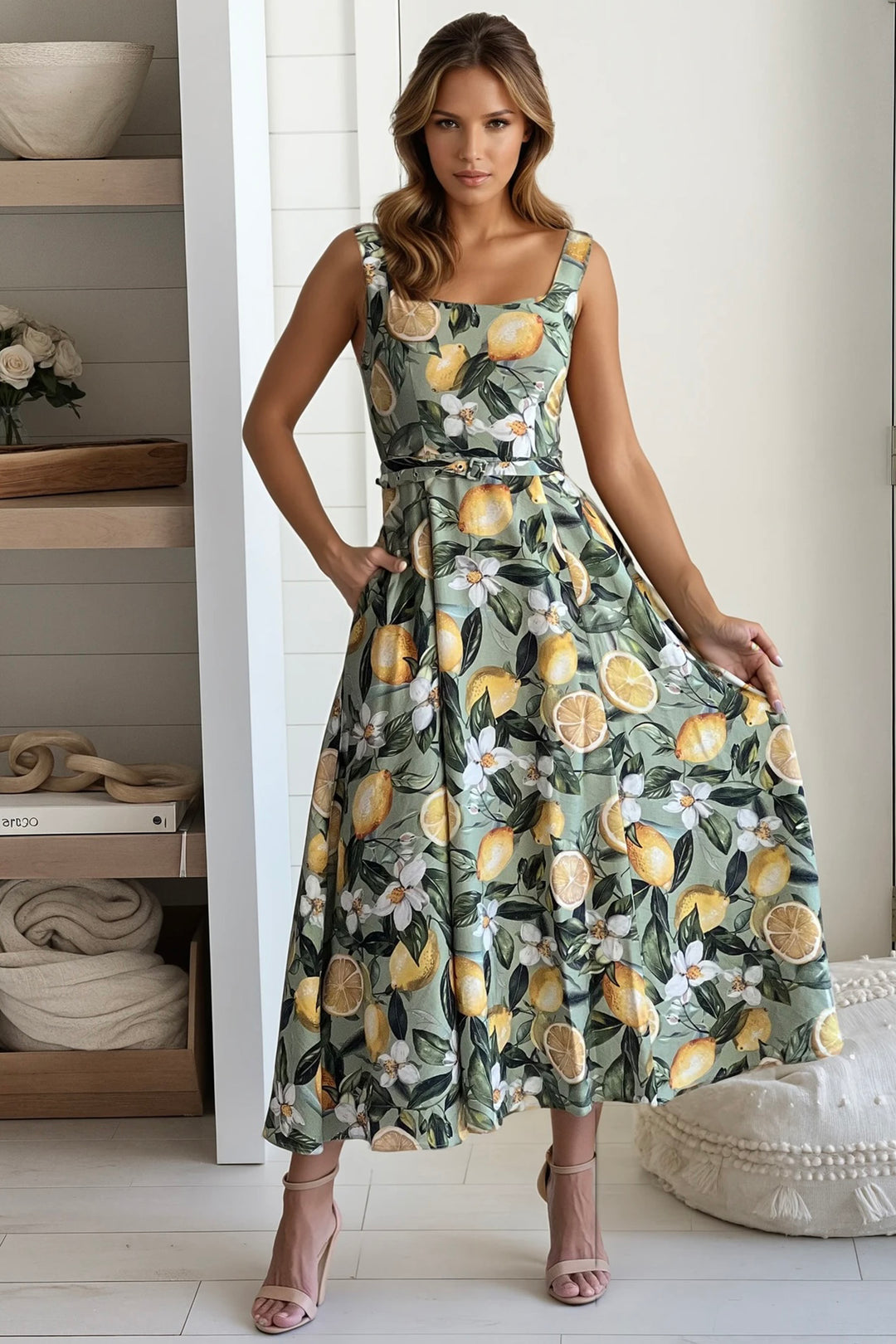 lemon midi dress Mint Lemon Midi Dress With Pockets