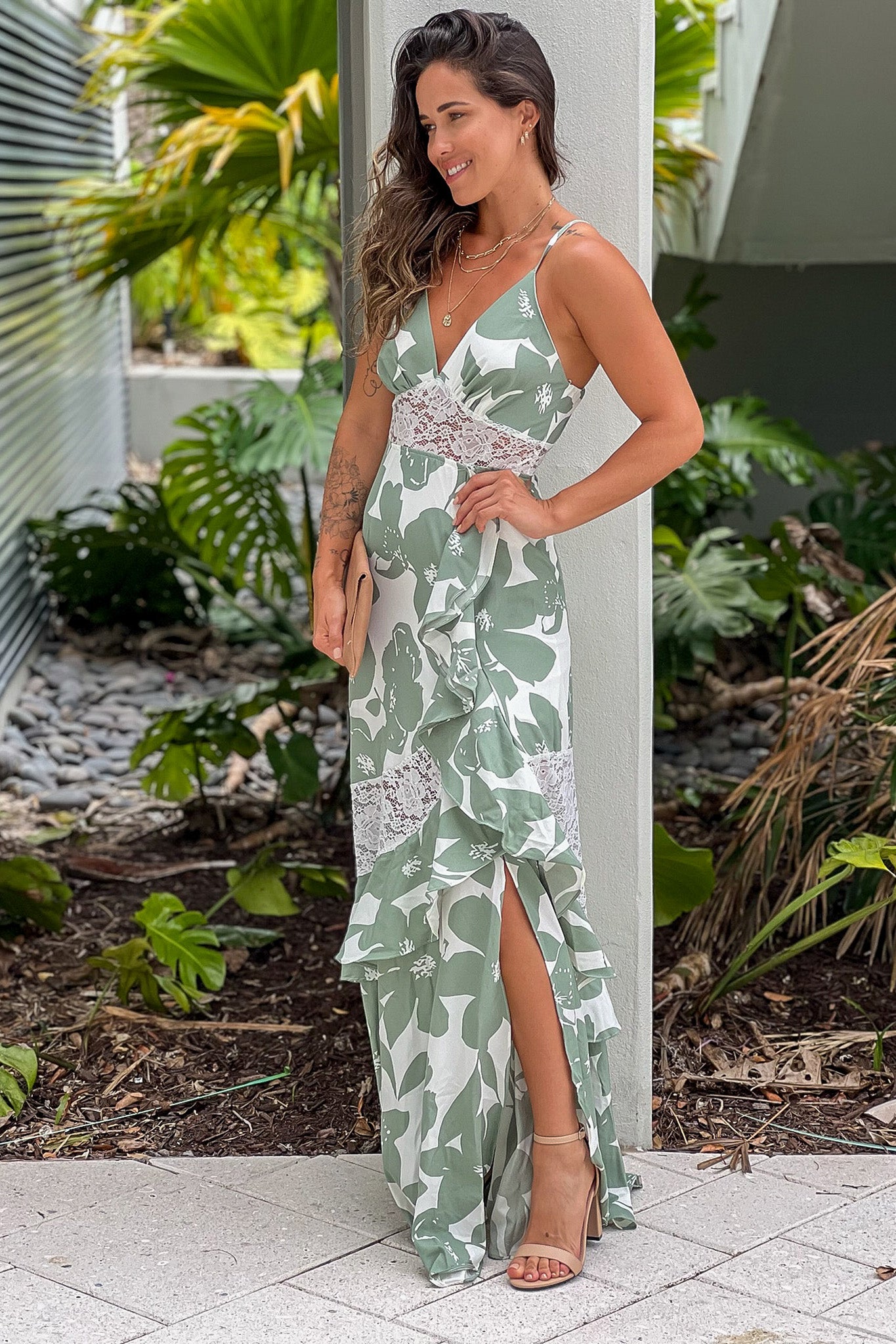mint printed maxi dress with slit