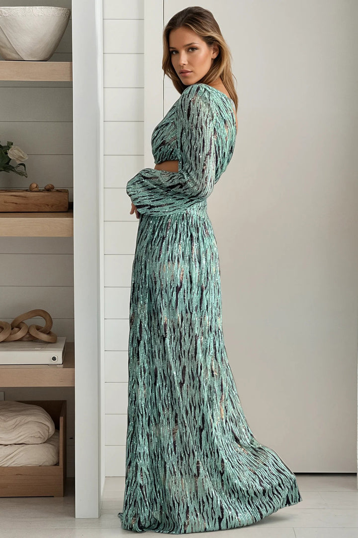 Mint Printed Mesh One Sleeve Maxi Dress With Slit