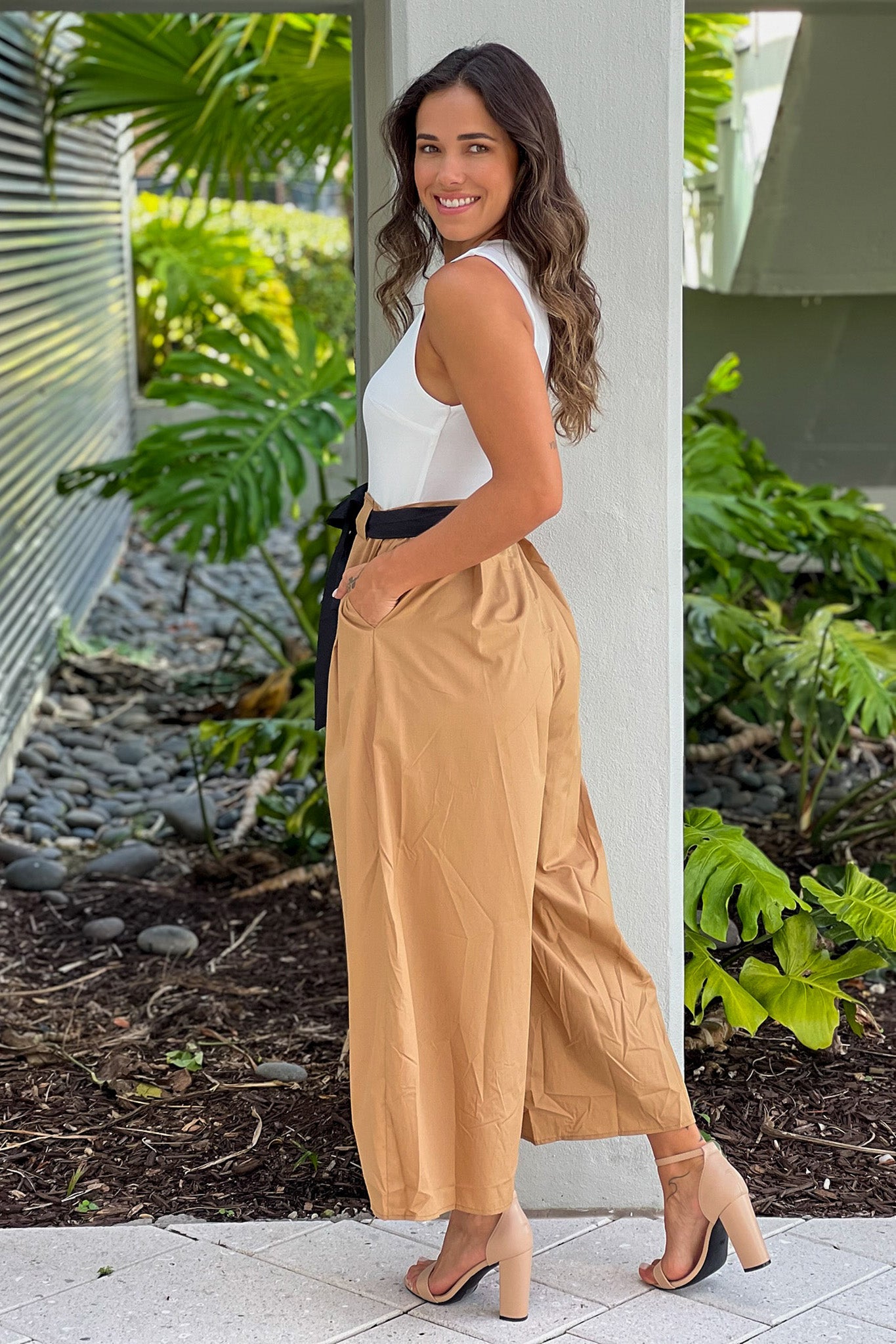 mocha and white wide leg jumpsuit