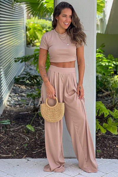 mocha crop top and pants outfit