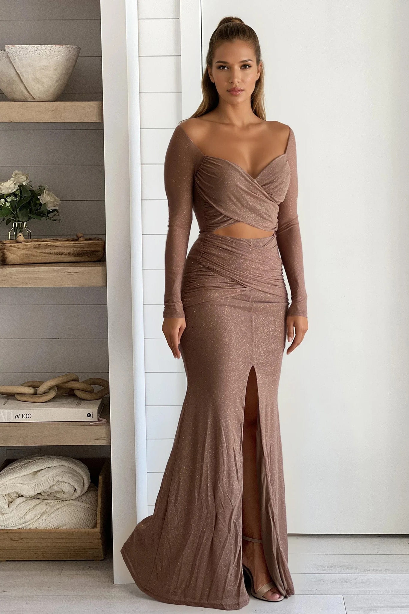 mocha glitter maxi dress with cut out top