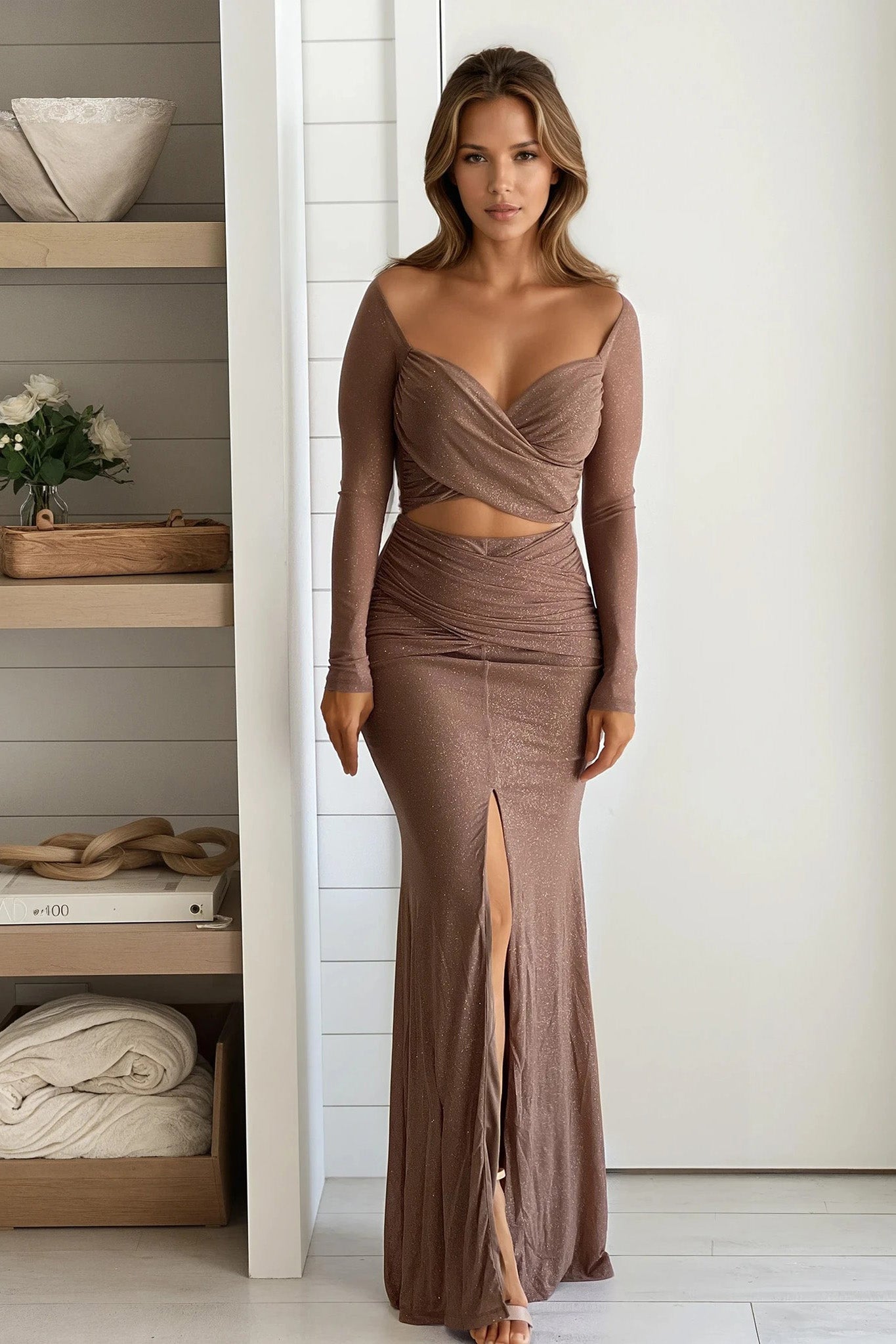 mocha glitter maxi dress with slit