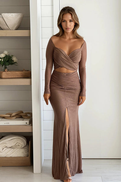 mocha glitter maxi dress with slit