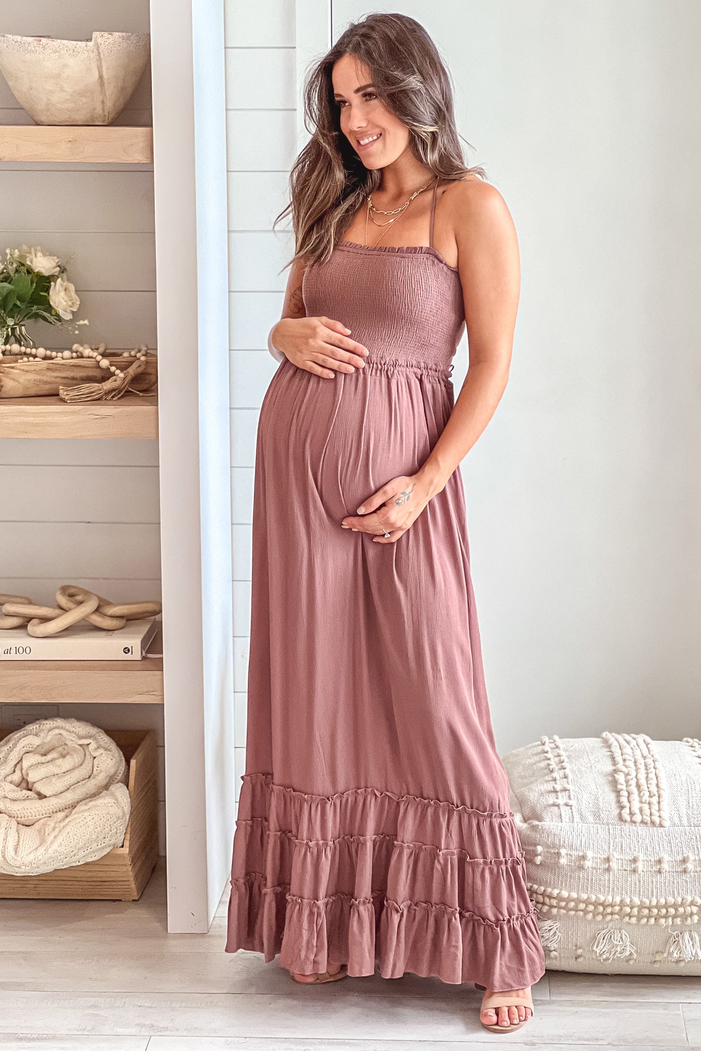 mocha maternity long dress
