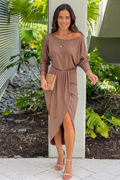 mocha one shoulder dress