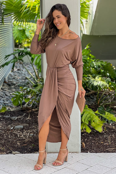 mocha one shoulder ruched dress