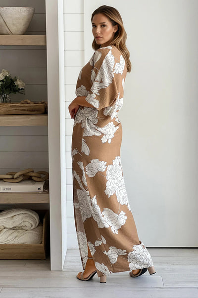 mocha printed one shoulder maxi dress