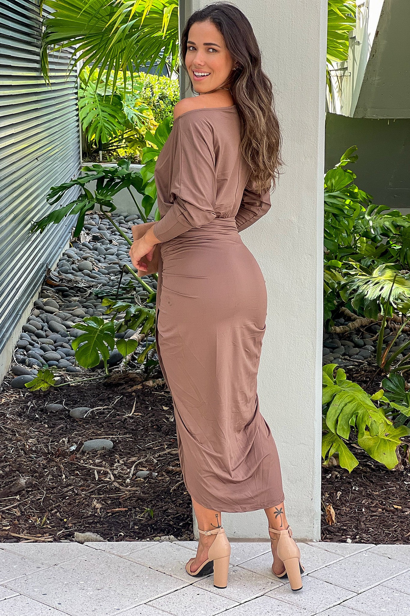 mocha ruched cute dress