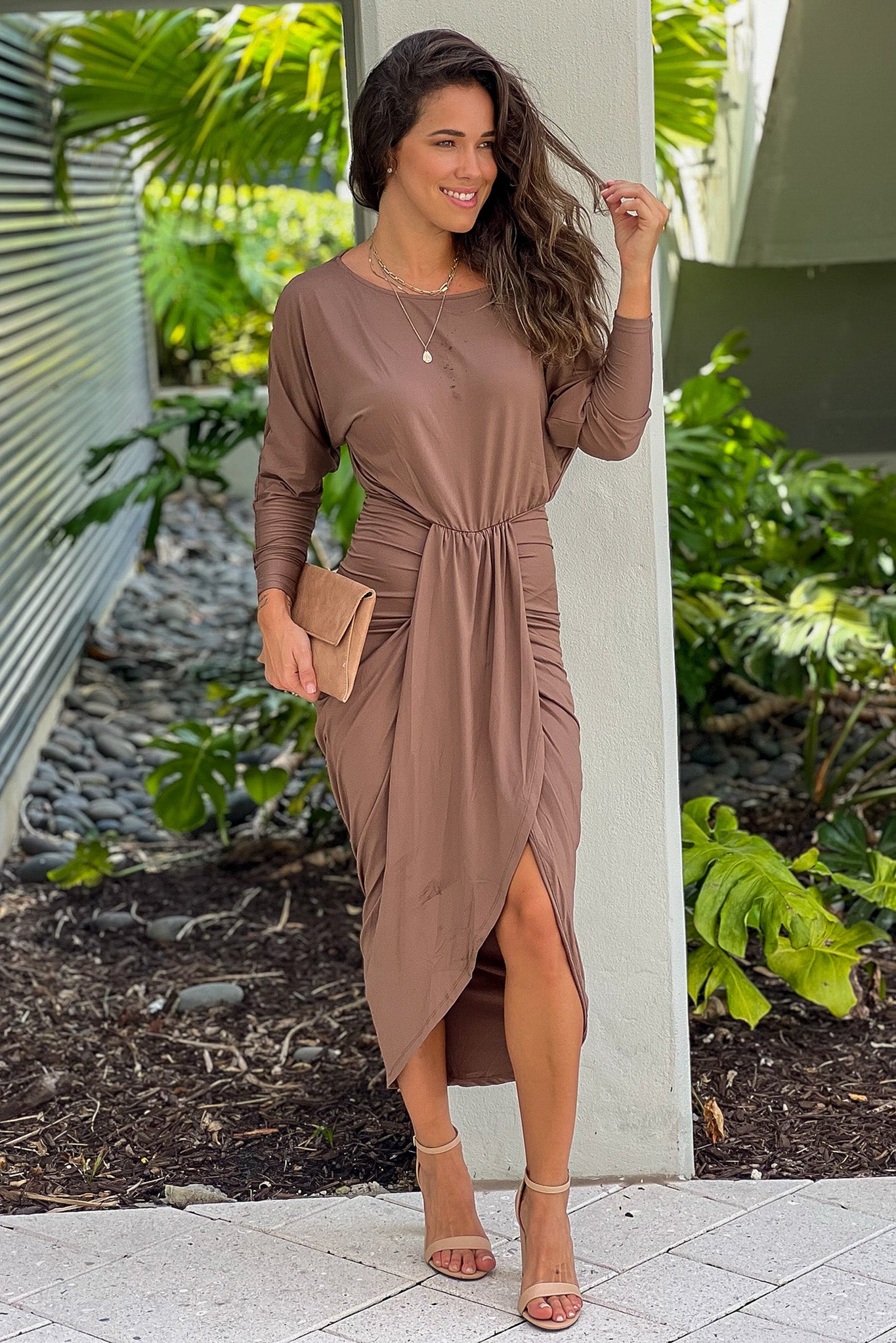 mocha ruched dress