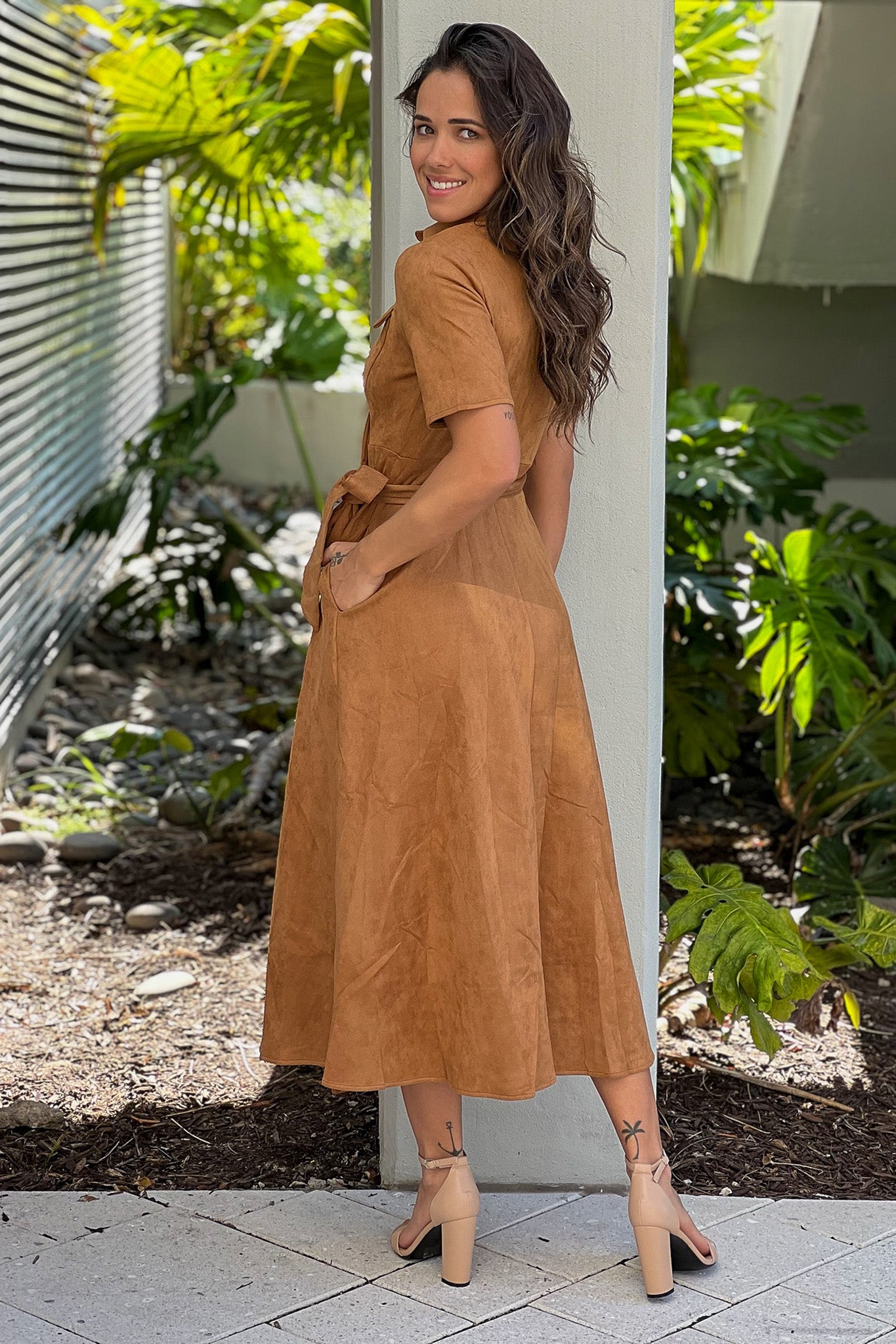 mocha suede casual midi dress