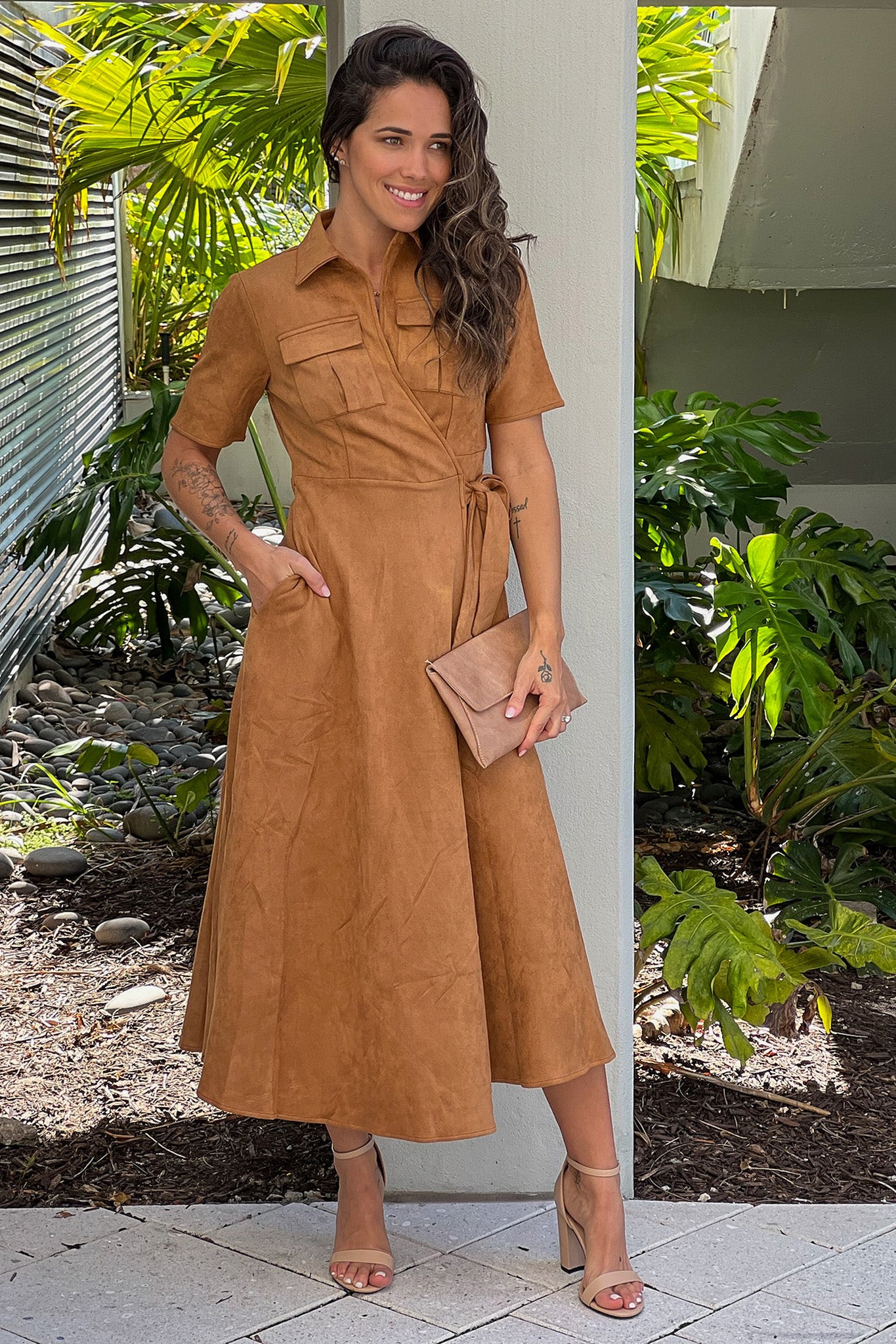 mocha suede midi dress with pockets