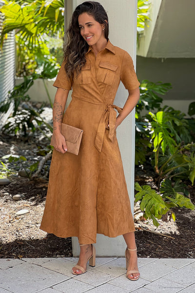 mocha suede midi dress with tie belt