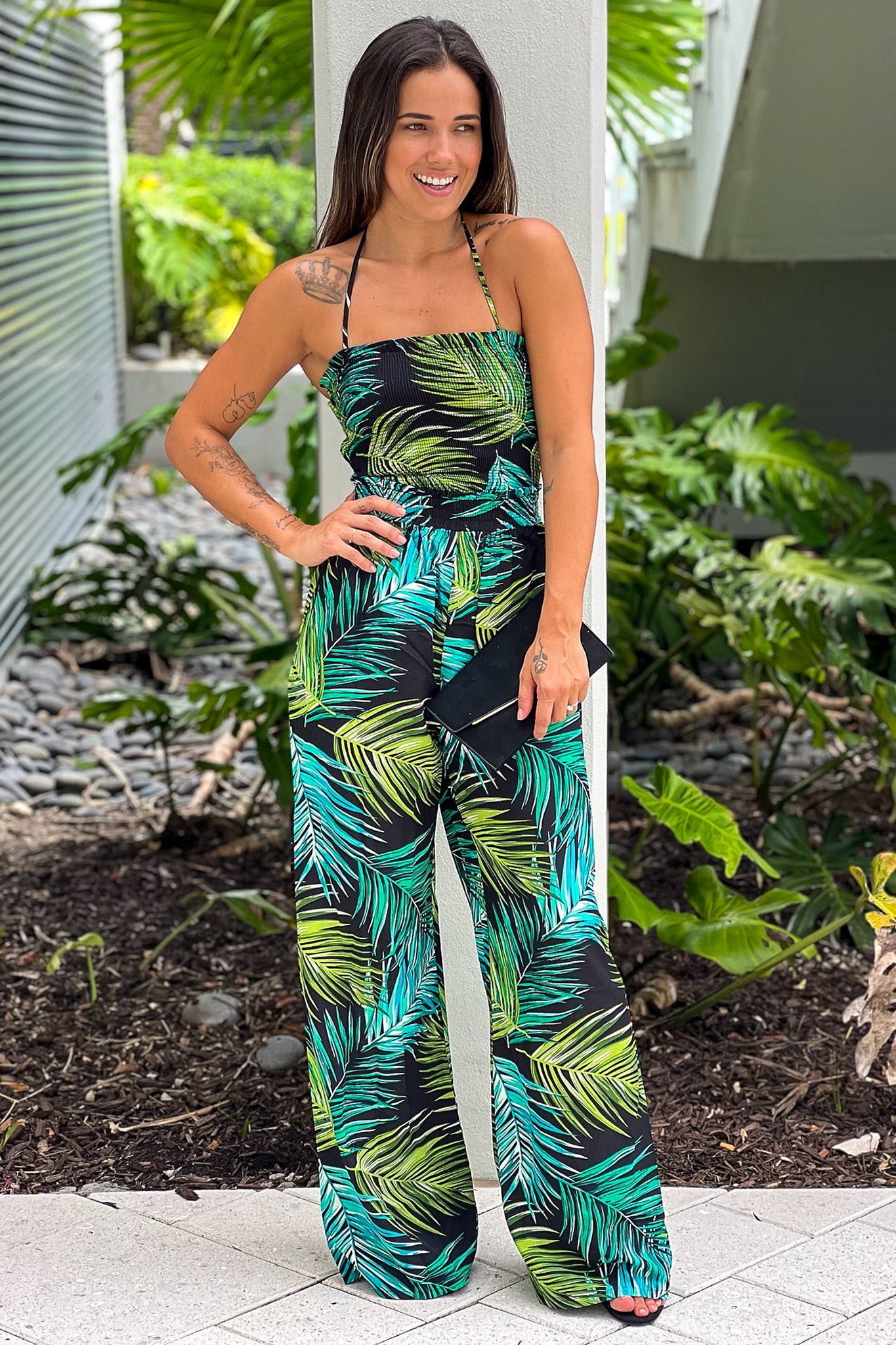 multi color halter neck printed jumpsuit