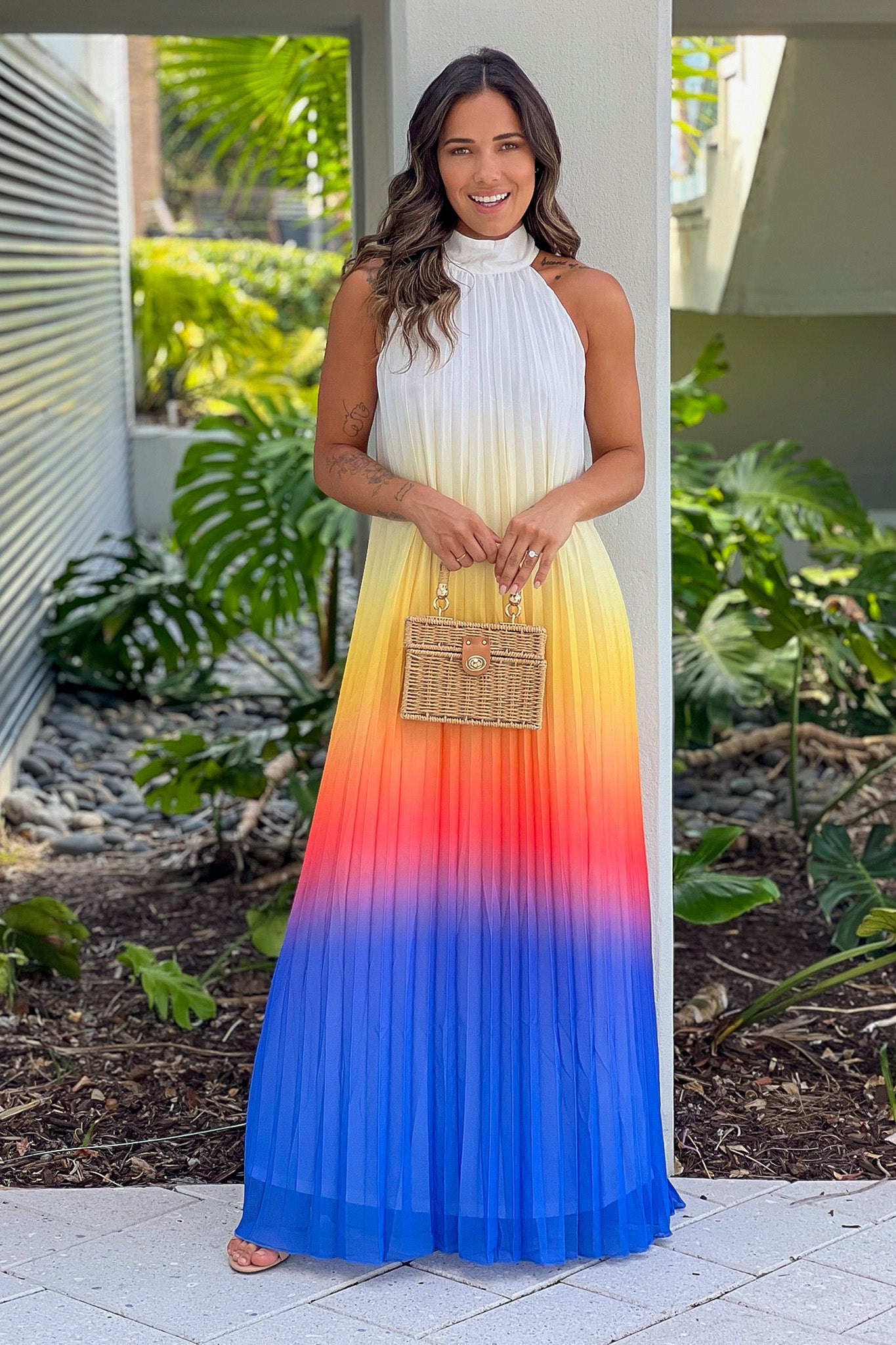 multi color pleated maxi dress