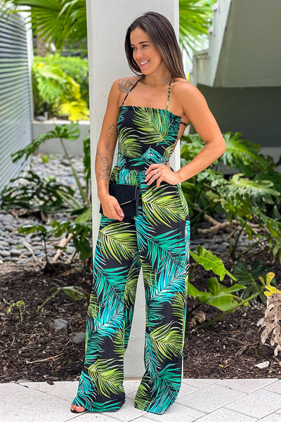 multi color printed smocked top jumpsuit