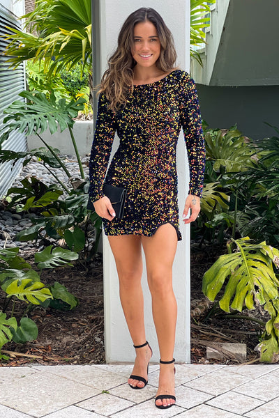 multi color sequin short dress with long sleeves