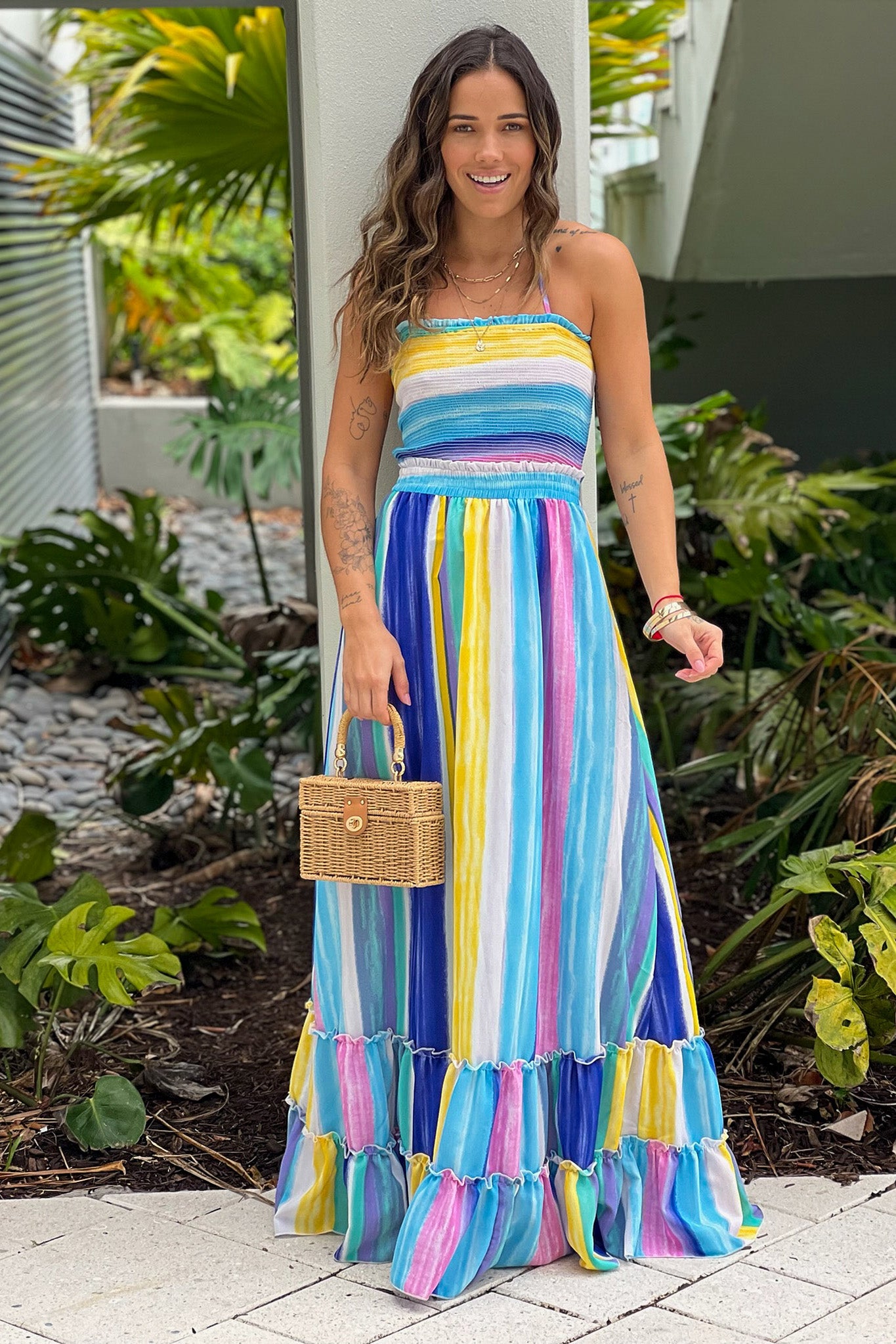 multicolor smocked top maxi dress with strappy back
