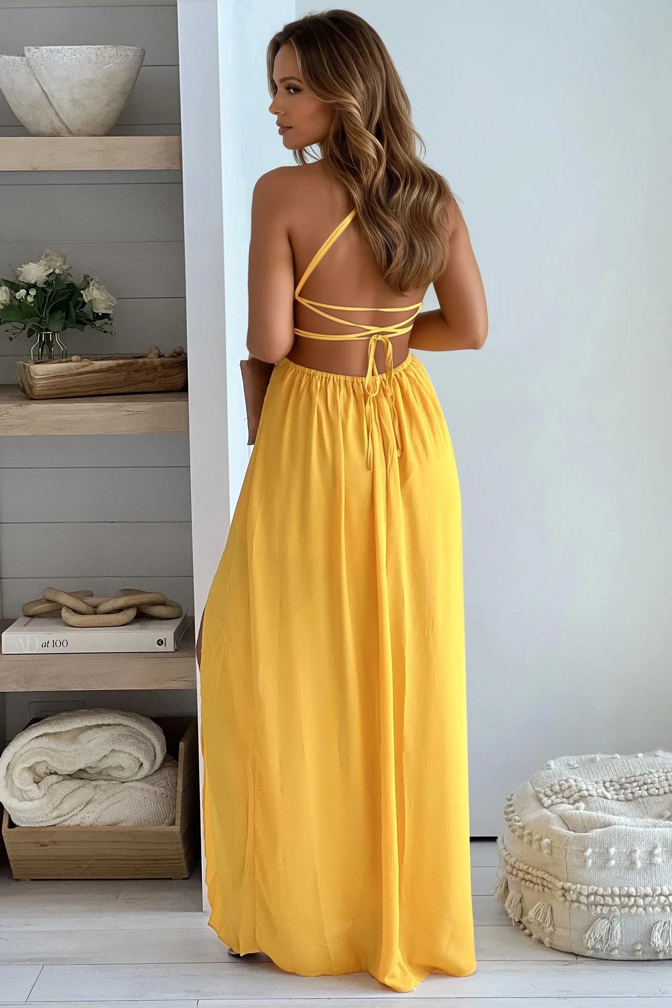 mustard crochet top maxi dress with lace up back
