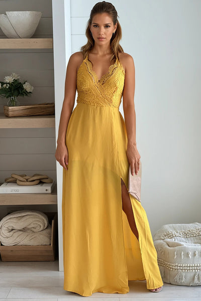 mustard crochet top maxi dress with slit