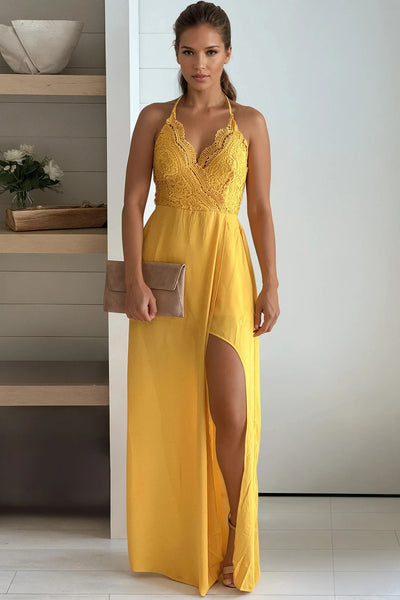 mustard crochet top maxi dress