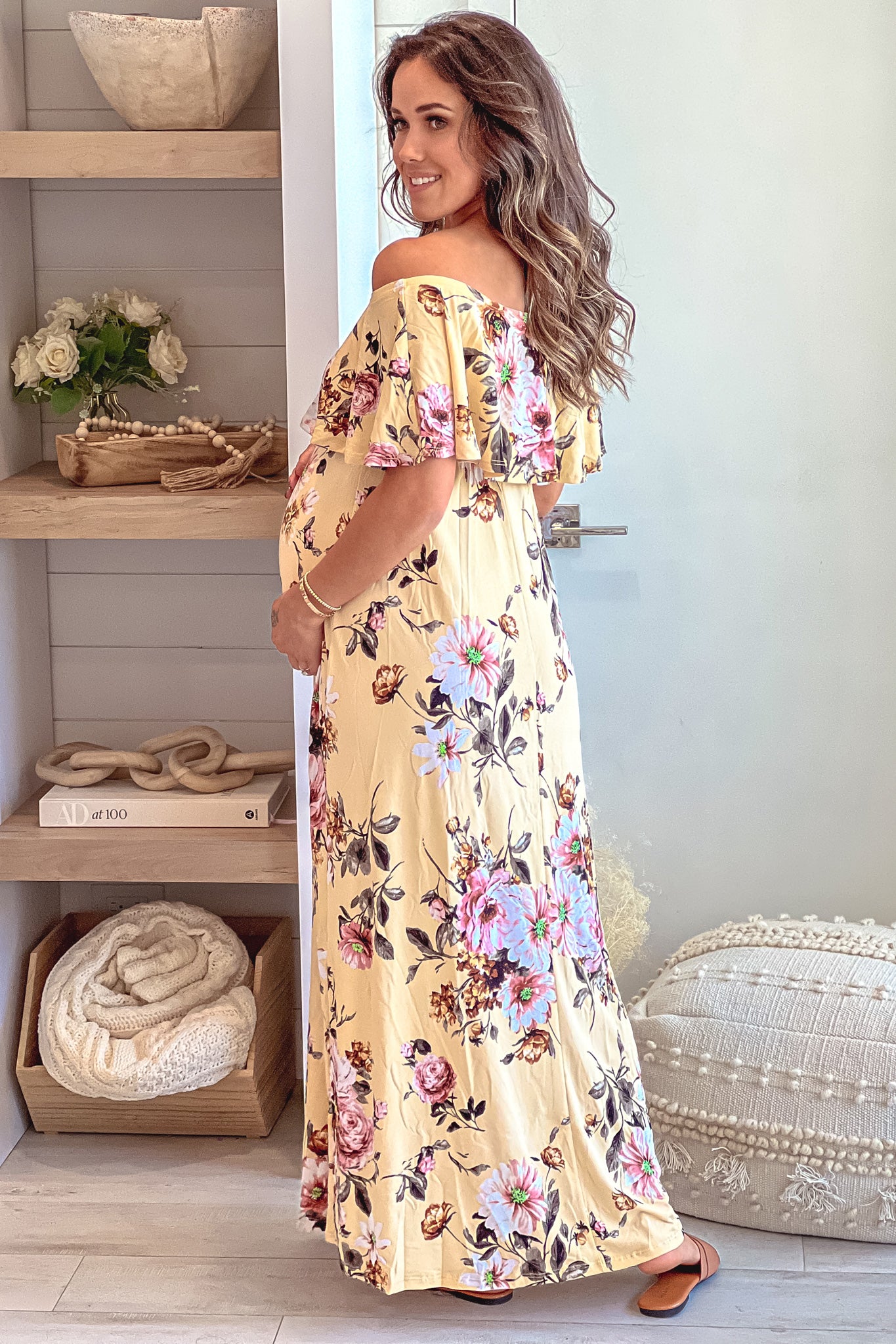mustard floral maternity maxi dress