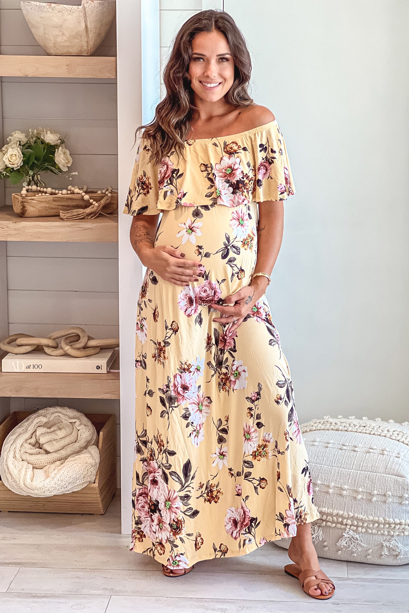 mustard floral off shoulder maternity maxi dress