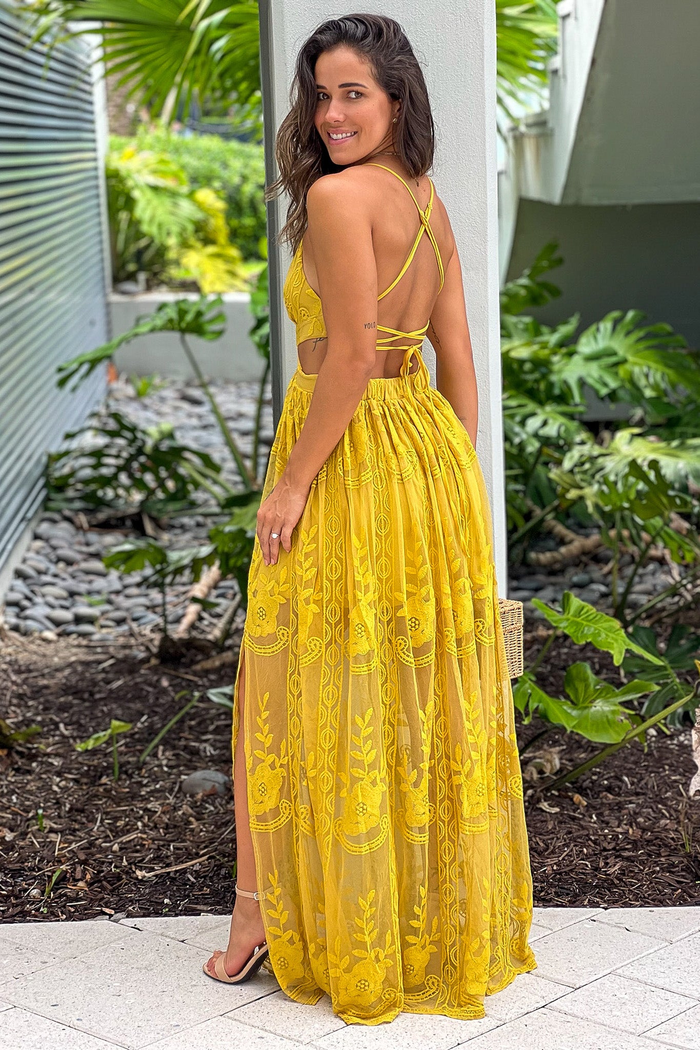 mustard lace maxi dress with criss cross back