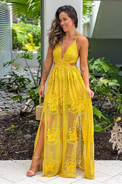 mustard lace maxi dress with cut out