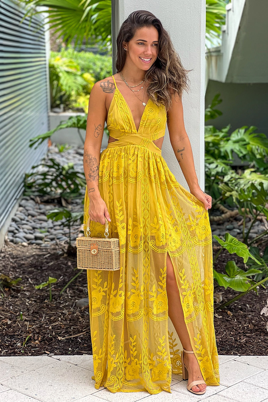 Mustard Lace Maxi Dress with Cut Out