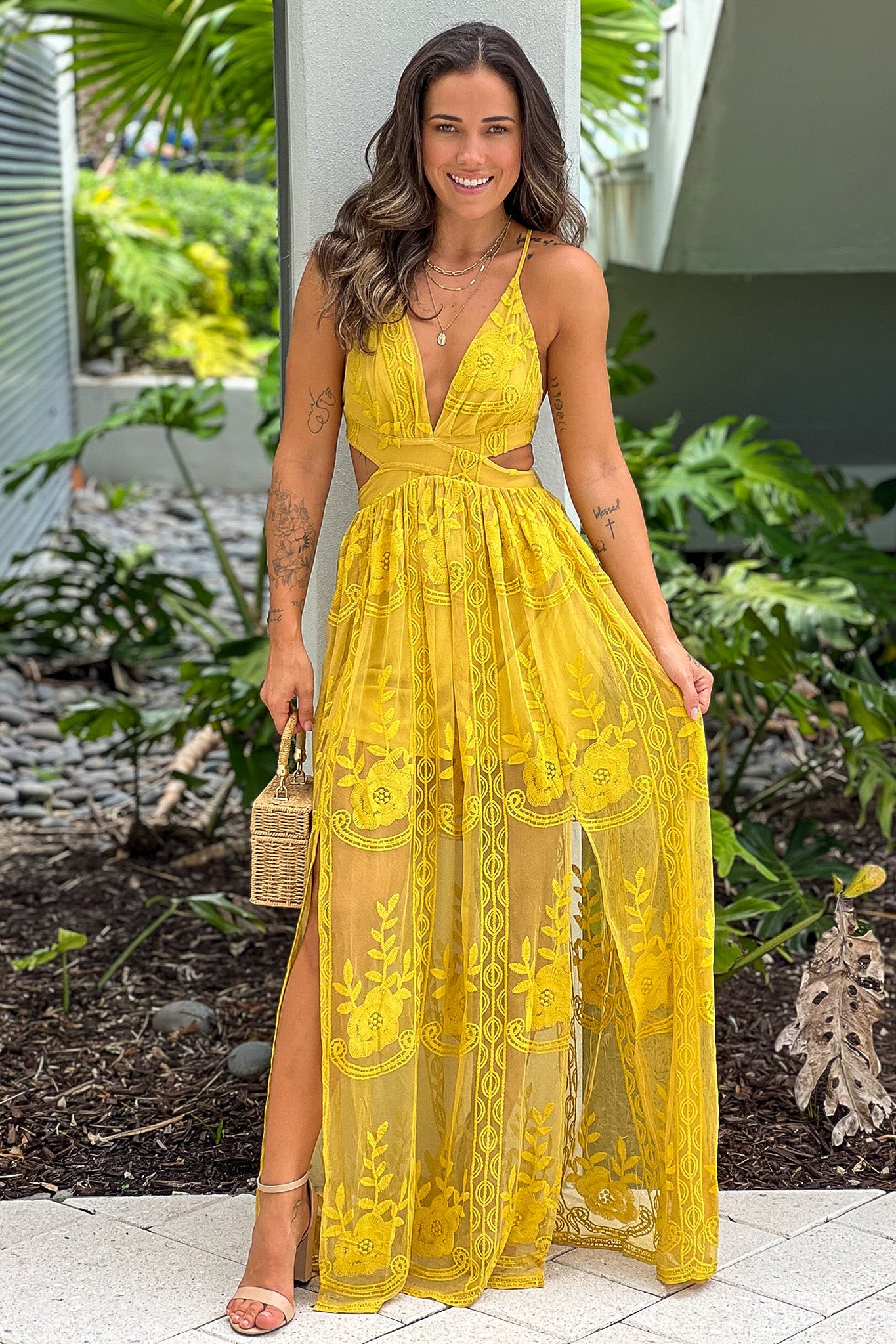 mustard lace maxi dress