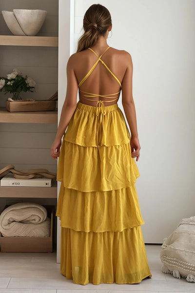 mustard layered maxi dress with criss cross back