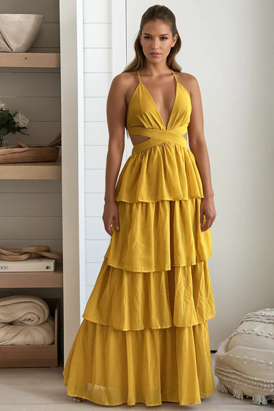 mustard layered maxi dress with cut outs