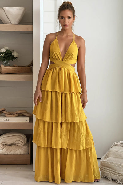 mustard layered maxi dress