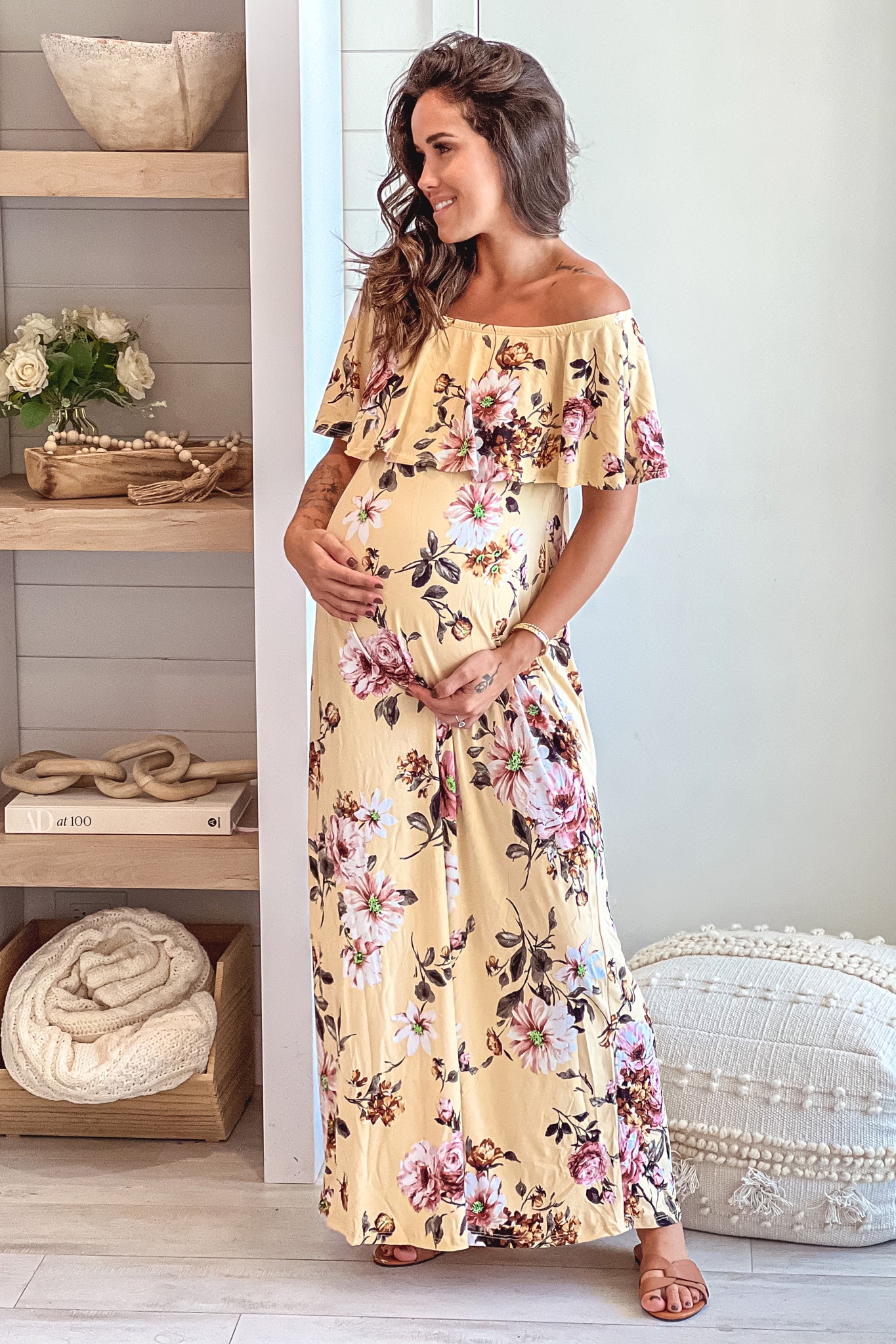 mustard summer maternity maxi dress