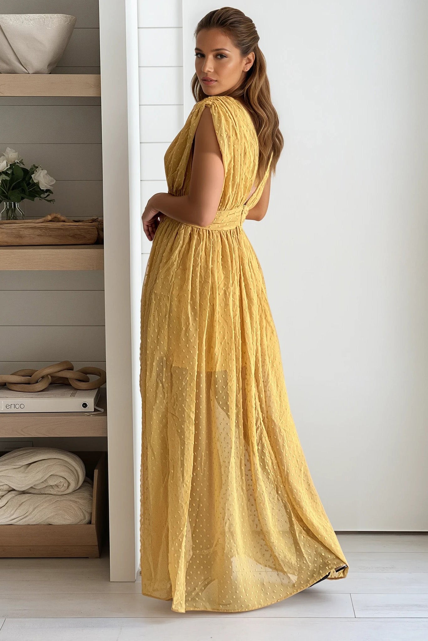 mustard swiss dot maxi dress
