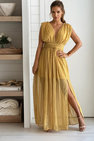 mustard swiss dot v-neck maxi dress