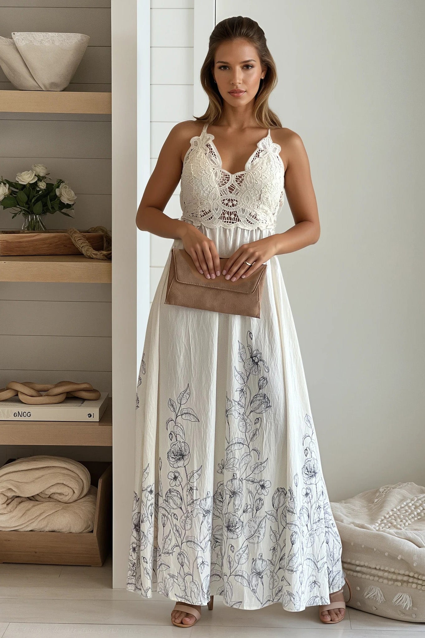 natural crochet top with printed skirt maxi dress
