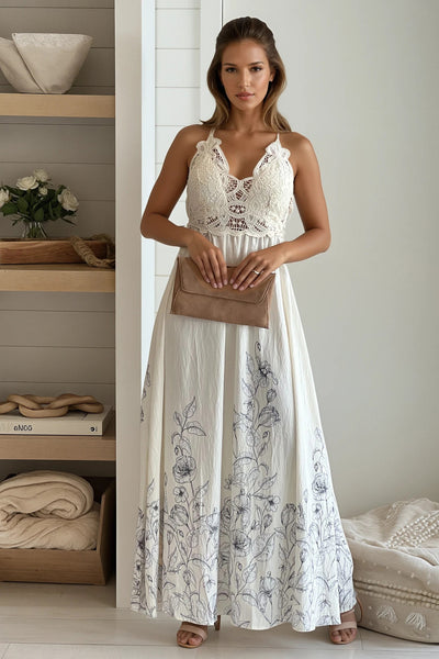 natural crochet top with printed skirt maxi dress