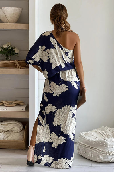 navy and cream printed dress