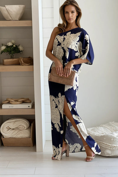 navy and cream printed one shoulder dress with slit