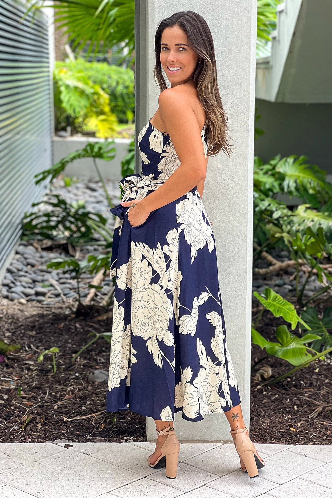 navy and white one shoulder dress