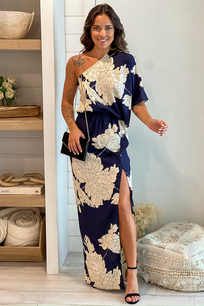 navy and white one shoulder maxi dress with slit